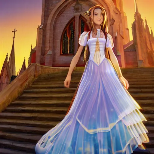 Image similar to aerith from final fantasy in a beautiful dress standing in front of a church, concept art, beautiful lighting, 8 k, digital art, trending on artstation, by yoshitaka amano