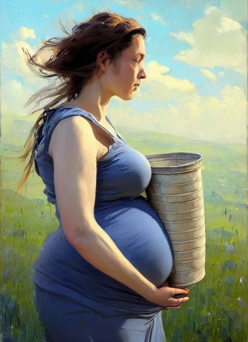 Image similar to portrait of pregnant vilage woman carrying a bucket of water, countryside, fantasy character portrait, dynamic pose, above view, view from above, sunny day, thunder clouds in the sky, artwork by Jeremy Lipkin and Giuseppe Dangelico Pino and Michael Garmash and rob rey, very coherent symmetrical artwork, perfect face, simple form, 100mm