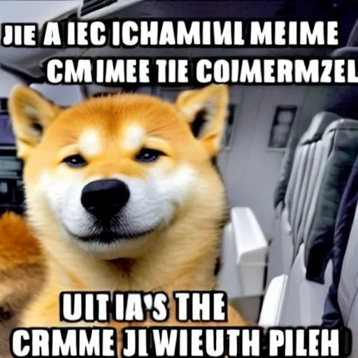 Prompt: doge is the pilot of a commercial jet. whimsical photo meme. kabosu the shiba - inu.