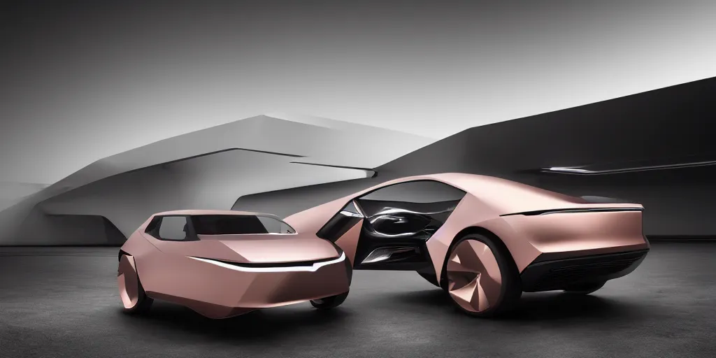 Image similar to a design of a futuristic vehicle, designed by Polestar, northern lights background, brushed rose gold car paint, black windows, dark show room, dramatic lighting, hyper realistic render, depth of field