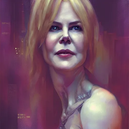 Image similar to nicole kidman, hyperrealistic portrait, bladerunner street, art of elysium by jeremy mann and alphonse mucha, fantasy art, photo realistic, dynamic lighting, artstation, poster, volumetric lighting, very detailed face, 4 k, award winning