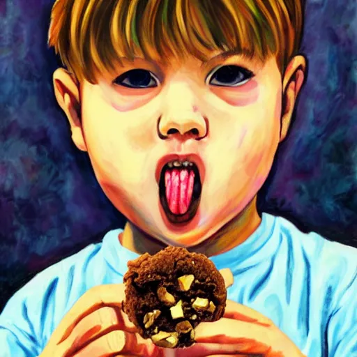 Image similar to painting of a chubby boy eating a delicious cholocate chunks cookies, buzz cut, junji ito