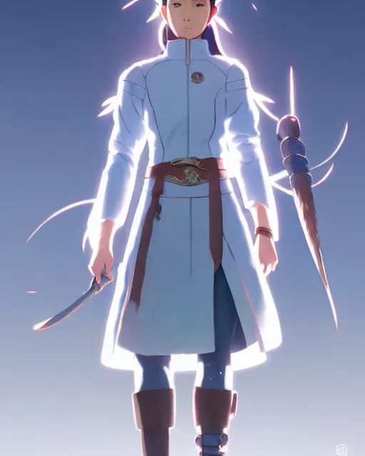 Image similar to azctec warrior, a south korean female, she wears a light blue jacket, white ponytail hair, detailed perfect face, exquisite details, fire magic, mid view, design on a white background, by studio muti, greg rutkowski makoto shinkai takashi takeuch studio ghibli