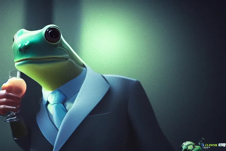 Prompt: the most beautiful cybercore frog drinker, casual elegant suit, blue low - light photography, angelic detail, subsurface scattering, scene from cannes award winning movie