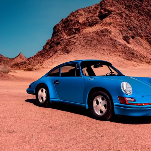 Image similar to porsche in the middle of the desert, professional photography, vaporwave