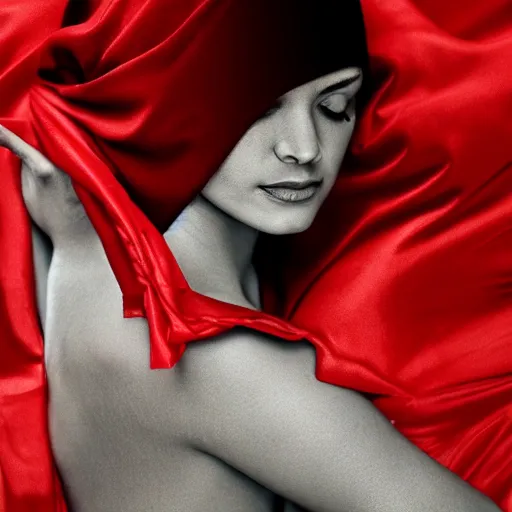 Prompt: a photorealistic portrait of a woman draped in a red cloth, 4 k dramatic lighting, digital art