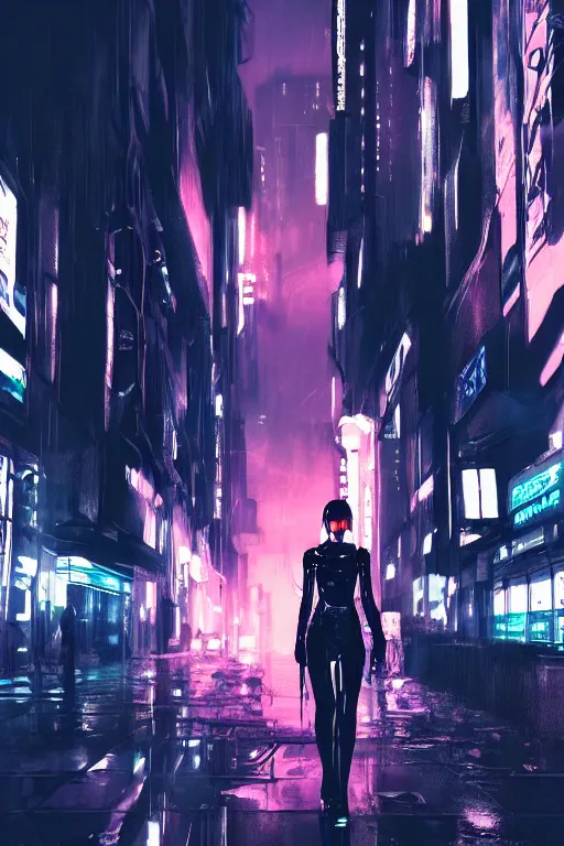 Prompt: high fashion poster clothing design photographic, majiec kuciara, cyberpunk blade runner, volumetric light, floodlight, ambient, street, dark, neon lights, artstation, high contrast, 4 k detailed