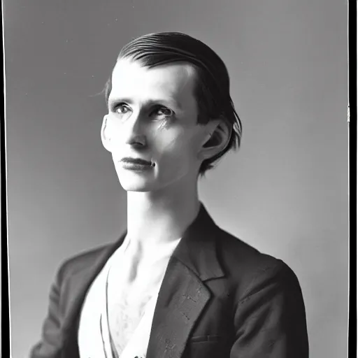 Image similar to 1930s portrait of a young anorexic man with shoulder length hair and extravagant clothes