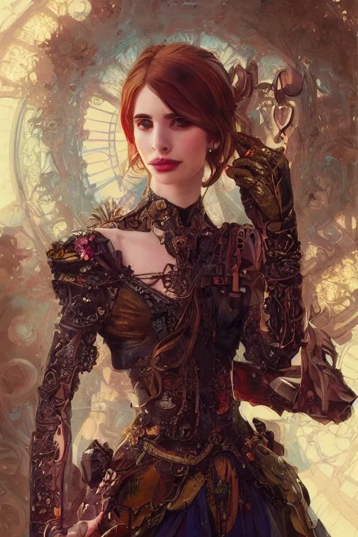 Image similar to emma roberts a baroque steampunk, augmented cyborg, half body, d & d, fantasy, intricate, elegant, highly detailed, colorful, vivid color, digital painting, artstation, concept art, art by artgerm and greg rutkowski and alphonse mucha and ruan jia