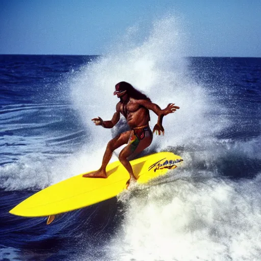 Prompt: macho king randy savage surfing on a dolphin. photo taken with fujinon premista 1 9 - 4 5 mm t 2. 9, portra 8 0 0.