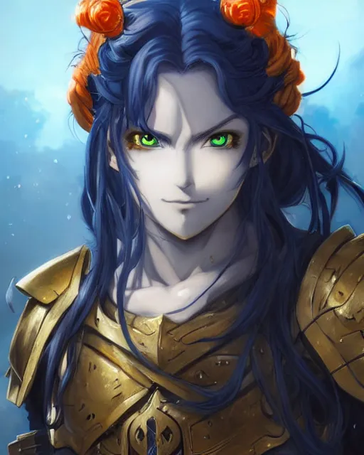 Image similar to An anime portrait of a beautiful D&D half-orc female with long wavy dark blue hair, bright orange eyes, intricate full body armour, fantasy soldier, by Stanley Artgerm Lau, WLOP, Rossdraws, James Jean, Andrei Riabovitchev, Marc Simonetti, and Sakimichan, highly detailed, ultra detailed, golden hour, trending on artstation, cgstudio