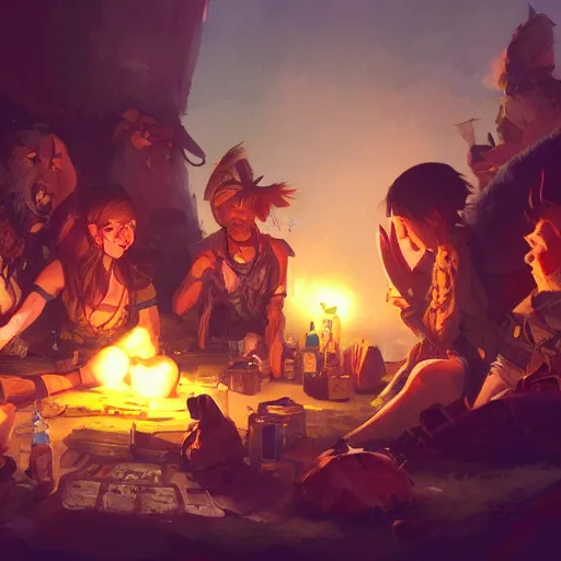 Image similar to A party of adventurers resting in camp at night, D&D, fantasy, digital painting, detailed, artstation, pixiv, Krenz Cushart, Greg Rutkowski