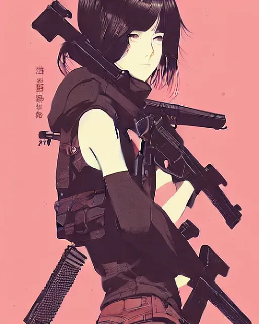 Image similar to girl holding rifle, manga!! detailed manga illustration!! intricate details, aesthetically pleasing pastel colors, poster background, aesthetic details, art by conrad roset and ilya kuvshinov