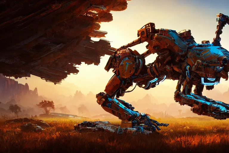 Image similar to thunderjaw machine mecanical creature robot of horizon forbidden west horizon zero dawn radiating a glowing aura global illumination ray tracing hdr fanart arstation by ian pesty and alena aenami artworks in 4 k