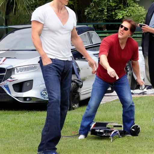 Prompt: tom cruise and nicholas cage racing remote control airplanes