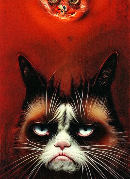 Image similar to a spirit of grumpy cat, red lake, highly detailed, art by Ayami Kojima, Beksinski, Giger