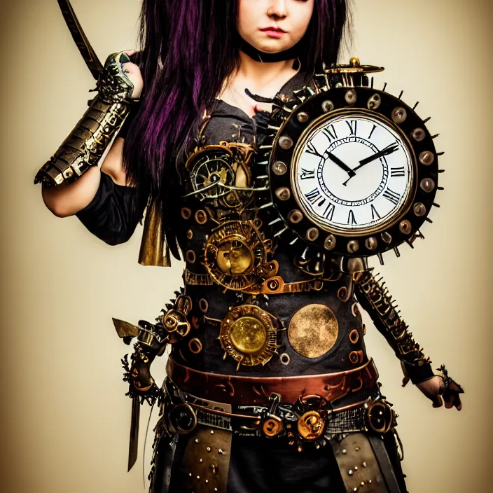 Prompt: full body photograph of a real - life very beautiful clockpunk warrior. extremely detailed. dslr. 8 5 mm.