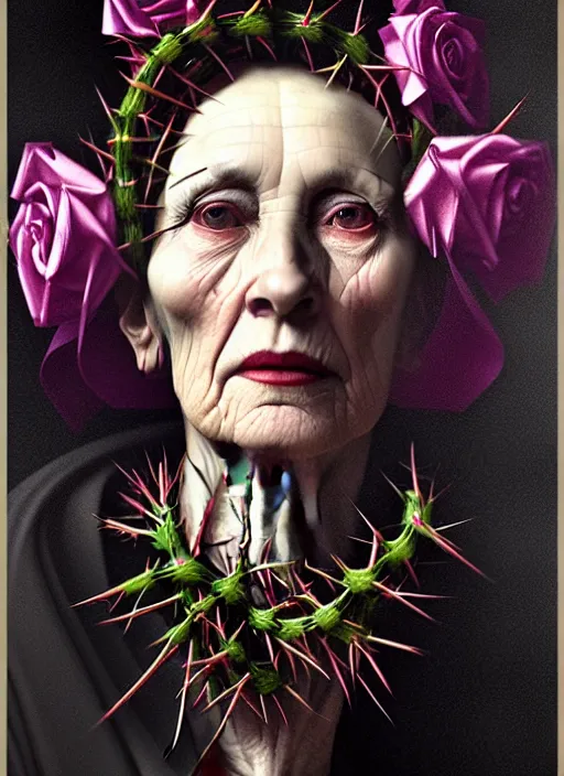 Prompt: portrait of a old year woman with a wreath of thorns a dress of bones and roses horns snake smoke, purple colour scheme, full length, masterpiece, art by caravaggio, artstation