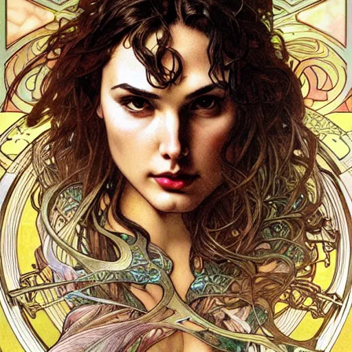 Prompt: realistic detailed face portrait of Gal Gadot by Alphonse Mucha, Ayami Kojima, Amano, Karol Bak, Greg Hildebrandt, and Mark Brooks, Art Nouveau, Neo-Gothic, gothic, rich deep colors