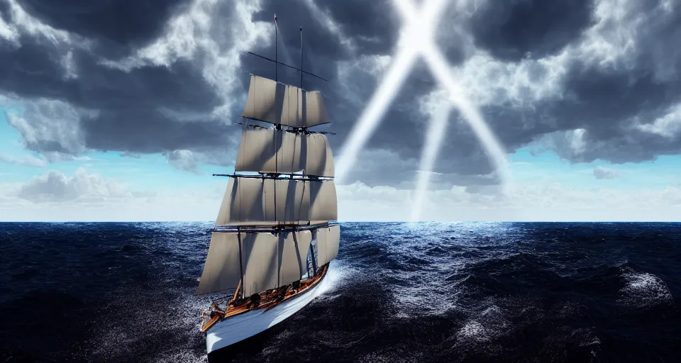 Prompt: a sailing classical frigate at sea with big, blue waves, blue skies, and voluminous clouds ; dramatic lighting, sunshine rays, majestic, masterpiece, deep colors, amazing depth, cel - shaded ; hyperrealistic, photorealistic, hyperdetailed, photography, seascape photography, trending in artstation, behance hd, octane render