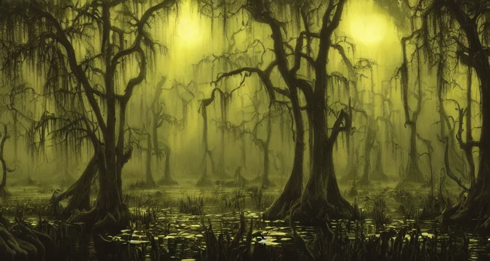 Image similar to A dense and dark enchanted forest with a swamp, by David A. Hardy