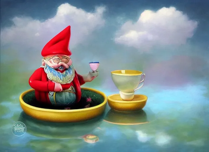 Image similar to a garden gnome sailing in a teacup, whimsical background of a reflective pond on a sunny day with dramatic clouds, an ultrafine detailed painting by mark ryden, trending on deviantart, pop surrealism, whimsical, lowbrow, joyous