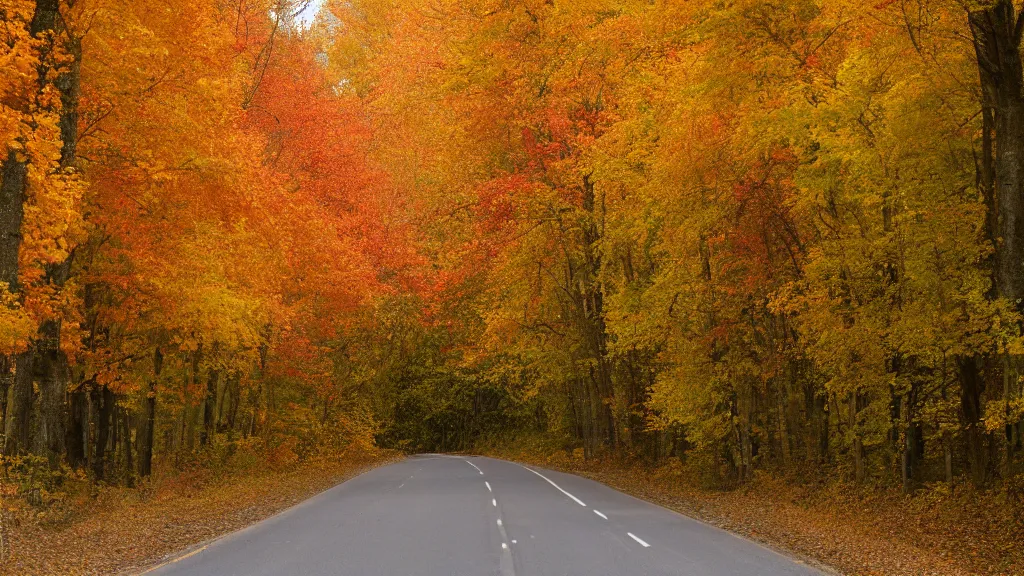 Image similar to a photograph of a country road lined on both sides by maple and poplar trees, in the autumn, red orange and yellow leaves, some leaves have fallen and are under the trees and on the road