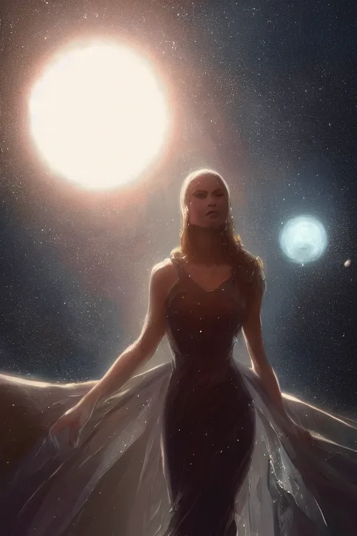 Image similar to a woman, wearing a dress made of stars, rim lighting, dramatic, planets in the background, smooth, sharp focus, very detailed, by greg rutkowski, artstation, tom badshaw, 8 k, symmetrical detailed face