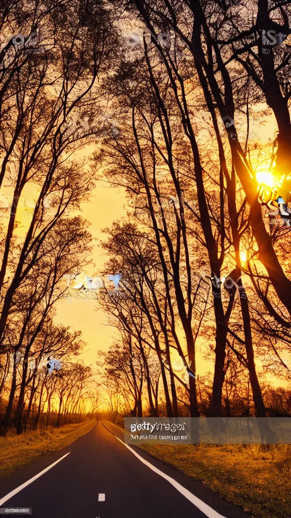 Image similar to beautiful sunset with a road of aligned trees, epic stock photo