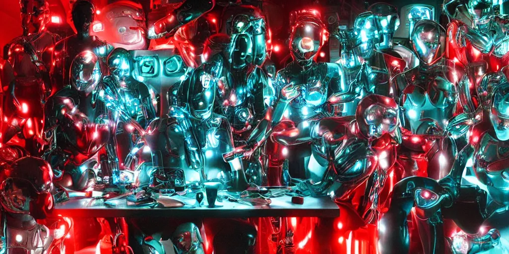 Image similar to !13 diverse cybersuits on !one_side of a reflective !cybernetic table, !!posing_as_last_supper cinematic lighting, detailed glowing red implants, teal, satin, !!highly detailed