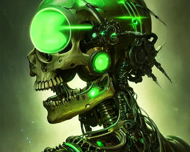 Image similar to portrait of a cybernetic skeleton, bottom up green lighting, deep focus, d & d, fantasy, intricate, elegant, highly detailed, digital painting, artstation, concept art, matte, sharp focus, illustration, hearthstone, art by artgerm and greg rutkowski and alphonse mucha