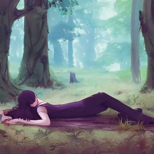 Image similar to a girl sleeping in a forest, she is laying down. in the style of rossdraws, wlop, greg rutkowski, ghibli