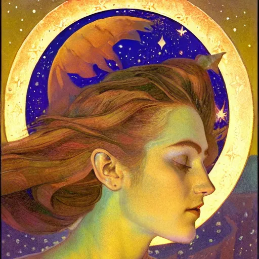 Image similar to queen of the moon with stars in her hair, by nicholas roerich and annie swynnerton and donato giancola and dulac, dramatic lighting, god rays, geometric tattoos, rich colors, smooth sharp focus, extremely detailed, leo and diane dillon, adolf wolfli