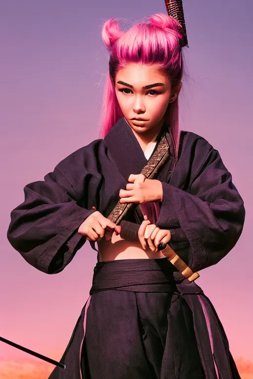 Image similar to highly detailed beautiful photo of madison beer as a young female samurai, practising her sword staces, symmetrical face, beautiful eyes, pink hair, realistic, 8 k, award winning photo, pastels colours, action photography, 1 / 1 2 5 shutter speed, sunrise lighting