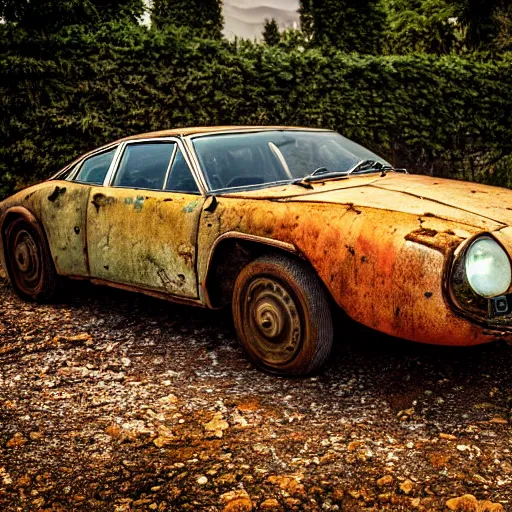 Image similar to old ((rusty)) lamborghini, 4k photo