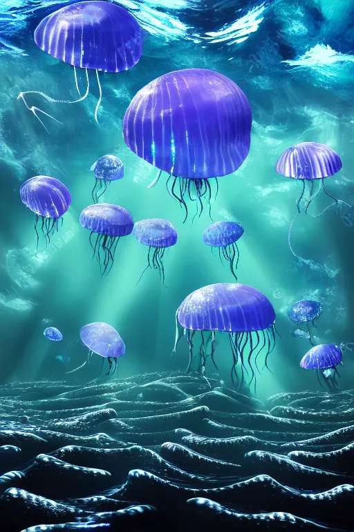 Prompt: full - length underwater landscape with flying jellyfishes, upper volumetric lightning lighting, 3 5 mm