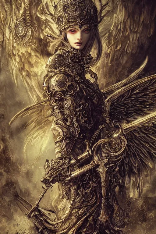 Prompt: portrait of a angel surrounded by demons, Dark Souls 3 themed, insanely detailed and intricate, golden ratio, elegant, ornate, luxury, elite, ominous, haunting, matte painting, cinematic, cgsociety, James jean, Brian froud, ross tran, Laputa