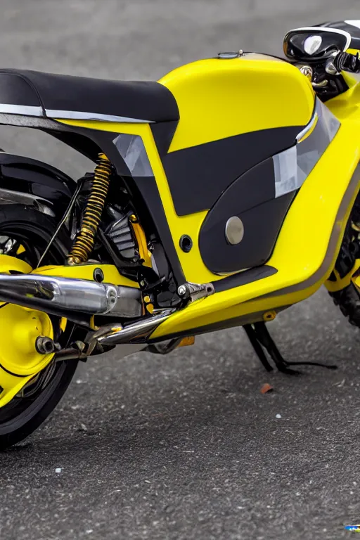 Prompt: scooter tuning with yellow, carbon and white paintjob, race track background, midday, 8 0 ccm malossi engine, yoshimura exhaust, carbon fiber body, race slick tires, custom scooter, dslr, 8 5 mm, f / 1. 3