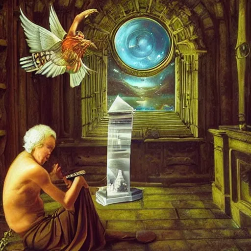 Image similar to The Sapiential sage dreaming with magical reflections of knowledge lost in time ultra high quality surrealism