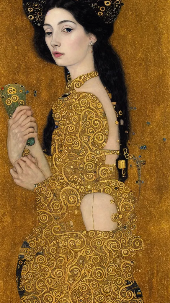 Image similar to a soft and breathtaking detailed painting of a beautiful black haired woman with pale skin and a crown on her head sitted on an intricate metal throne in the style of gustav klimt, blonde hair, shiny gold, elegant, highly detailed, artstation, fluo colors, concept art, matte, sharp focus, art by gustav klimt