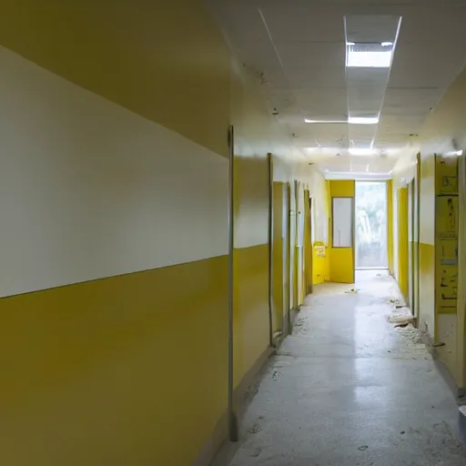 Image similar to abandoned rural offices, uneven hallways, uneven flooring, fluorescent lighting, pale yellow walls with slightly darker yellow stripes