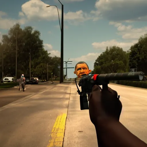 Image similar to angry barack obama shooting and terrorizing people in the hood, 8k resolution, full HD, cinematic lighting, award winning, anatomically correct