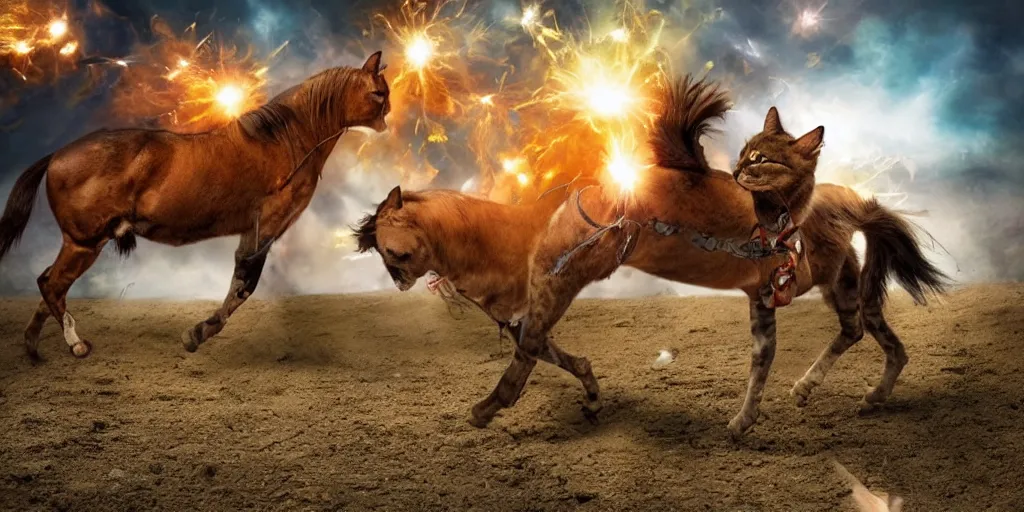 Prompt: cyborg cat, on a horse, an explosion on the background, punished, war, hyperrealistic, sharp focus, award winning photo