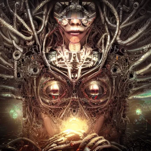 Image similar to cybernetic demon dreaming with its highly networked mind, lsd, circuitry, intricate detail, royo, whealan, giger, klimt, hd, octane render, unreal engine,