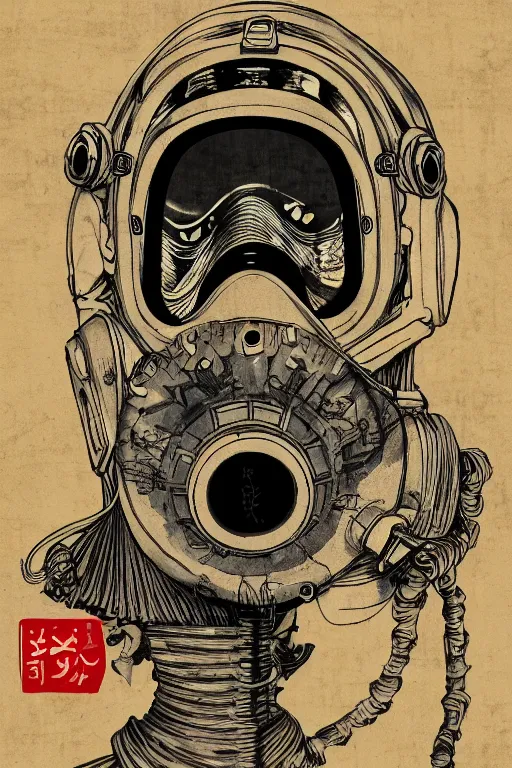 Image similar to Gas mask in Ukiyo-e style, haunting + insanely detailed and intricate, movie poster style, Trending on artstation, artstationHD, artstationHQ, 4k, 8k