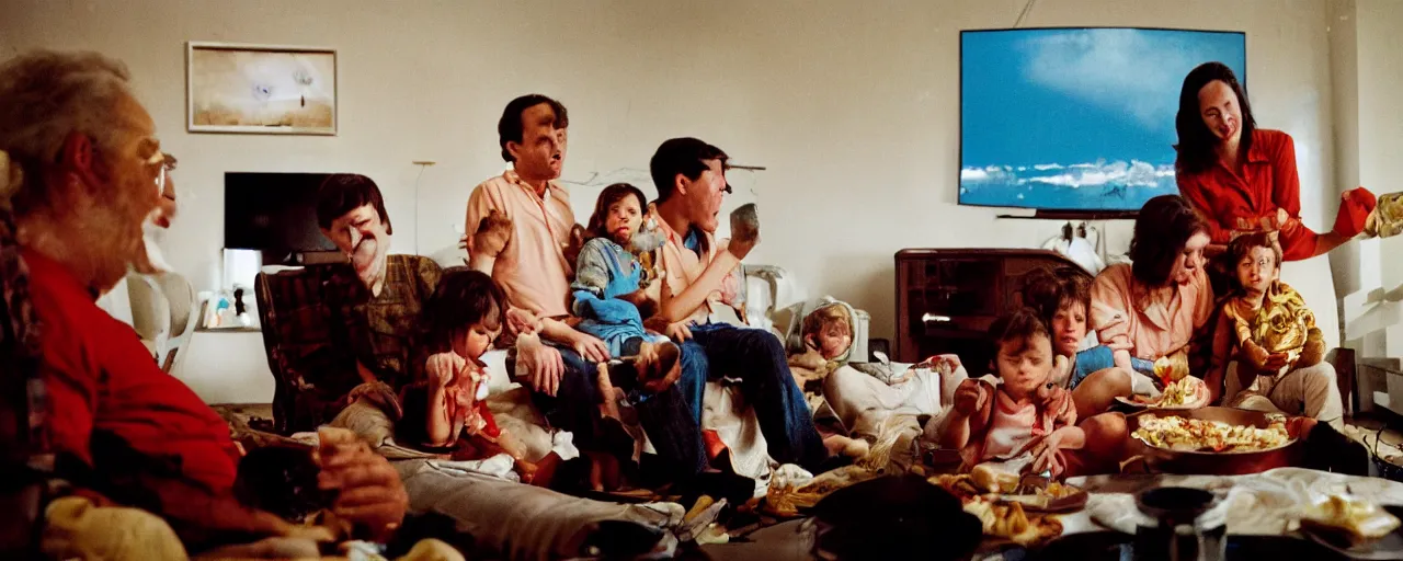 Image similar to a family watching the moon landing on tv, eating spaghetti, in the style of steve mccurry, canon 5 0 mm, wes anderson film, kodachrome, retro