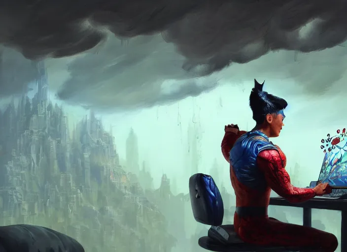 Image similar to an insanely detailed painting of an asian man wearing a homemade superhero costume, sitting at a desk, staring seriously at the computer and typing, in the style of peter mohrbacher, james jean, ruan jia, dramatic lighting and composition, surreal background, octane render, pixar, trending on artstation, concept art, comic book, view from behind, 8 k