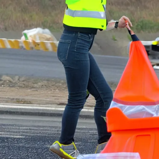 Prompt: emma watson in a hi vis vest picking up trash on the side of the interstate. paparazzi photo,