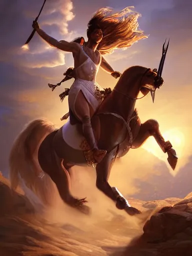 Prompt: a olimpic greek hero, laurels of glory, returns triunphantly mounted in a horse. full of pride. victorirous. prideful.. intricate, elegant, highly detailed, digital painting, artstation, concept art, sharp focus, illustration, by justin gerard and artgerm, 8 k