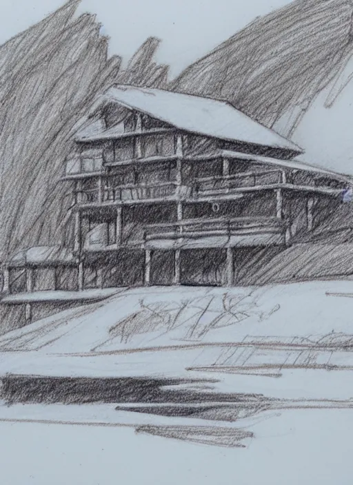 Image similar to a lake house in winter, loose pencil sketch, sketchy, concept art,